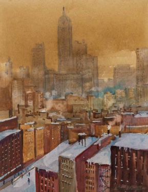 Michael Crawley (b.1938) 'The Singer building in winter from Brooklyn Bridge New York'