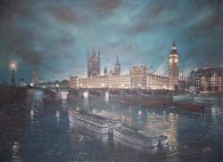 H Moss 'Night study of the illuminated Houses of Parliament and Big Ben from the